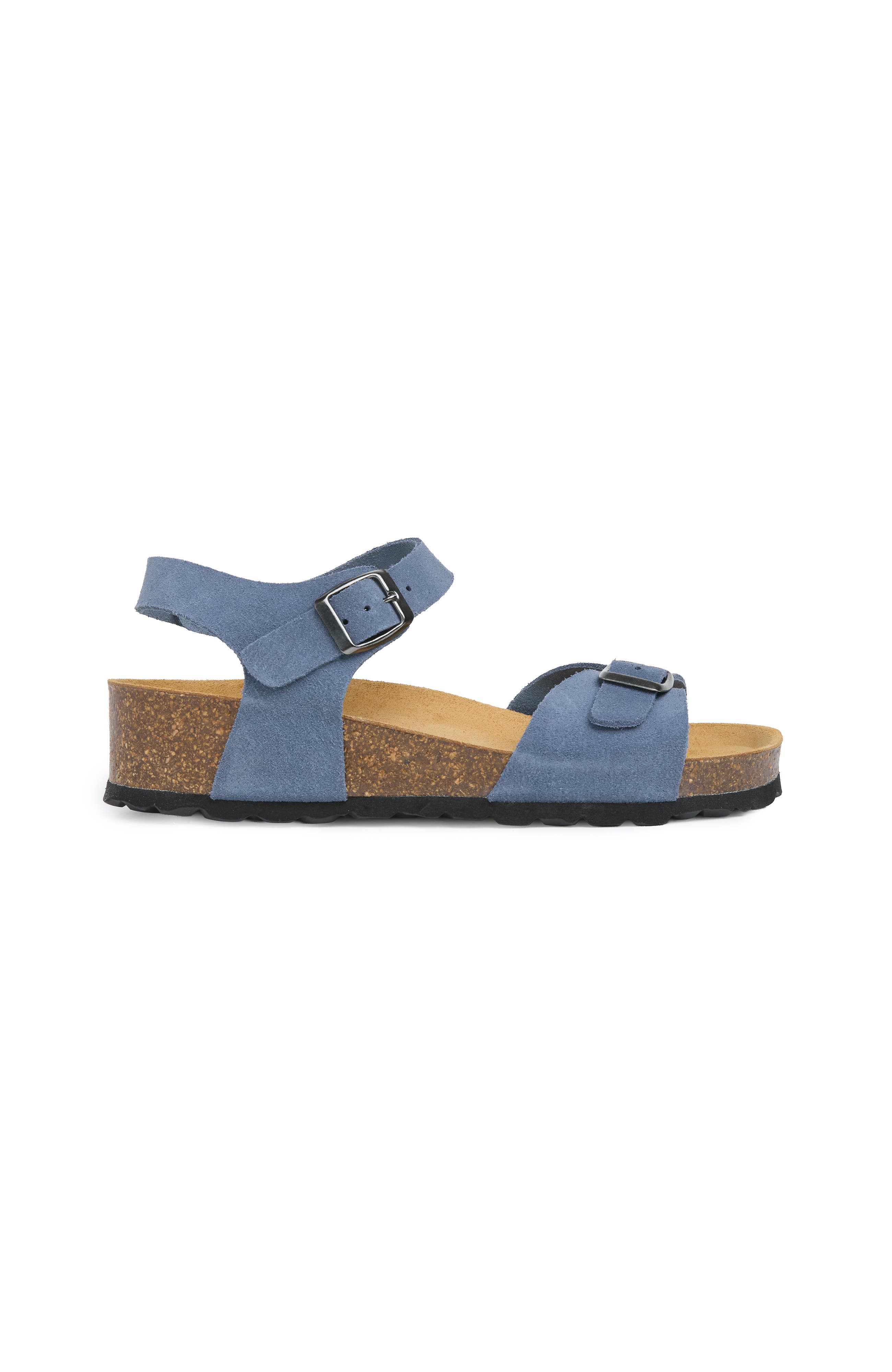 Celtic & Co. Low Wedge Double Buckle Suede Sandal, Main, color, Cobalt