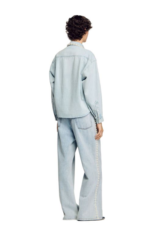 Sandro Denim Shirt With Beaded Collar In Light Bu Jean