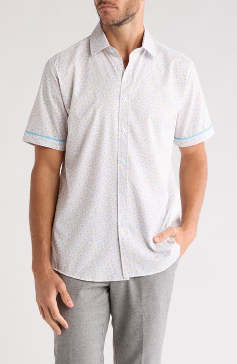 Tipped Floral Print Short Sleeve Button-Up Shirt
