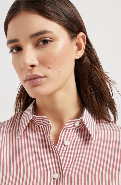Brunello Cucinelli Stripe Button Down Linen Shirt With Piping Collar In Bordeaux