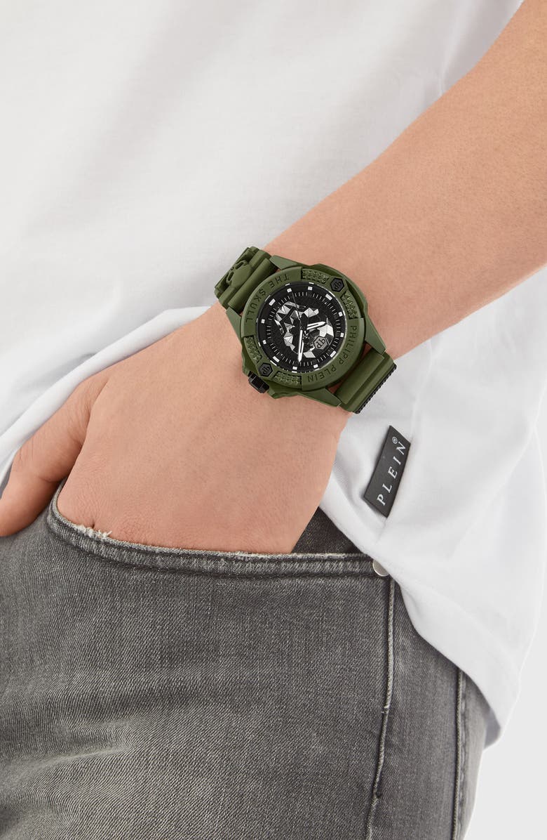 PHILIPP PLEIN The $kull Ceramic Silicone Strap Watch, 44mm, Alternate, color, Green