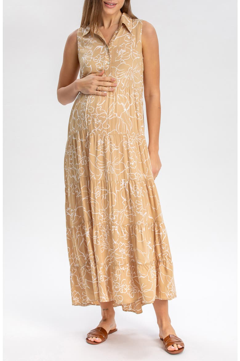 Button Down Maternity Dress, Main, color, BROWN