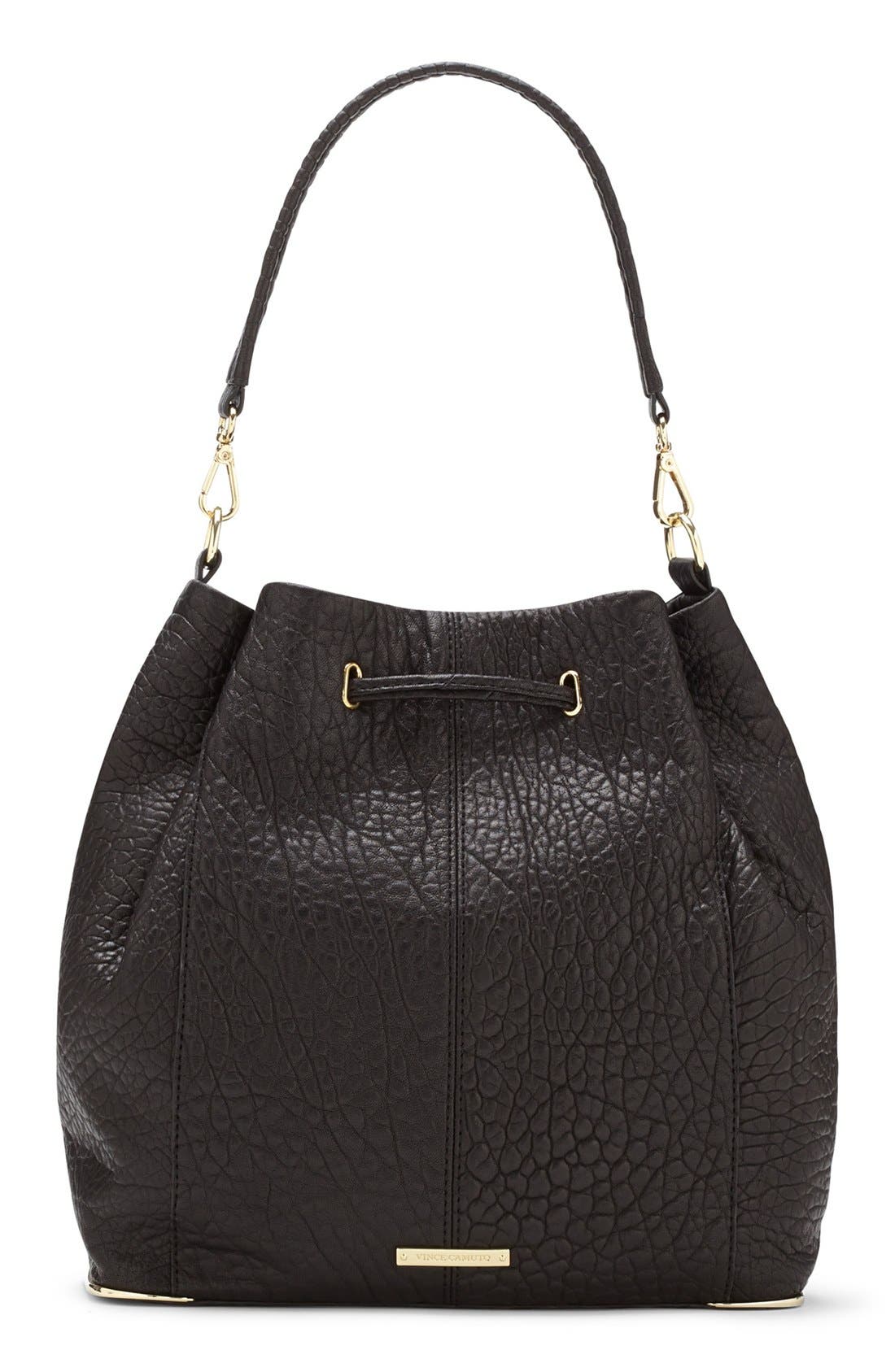 'Knox' Drawstring Leather Bucket Bag, Alternate, color, BLACK