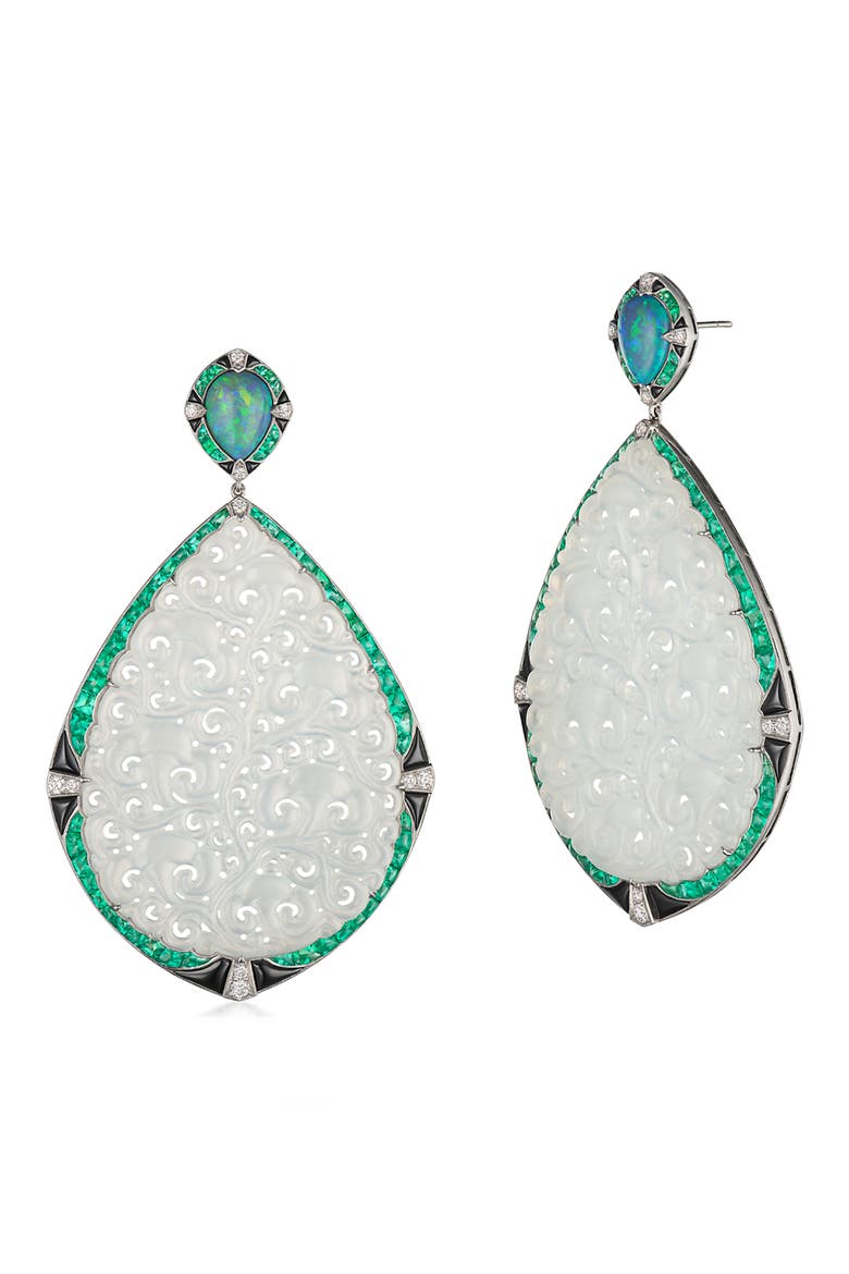 Signed Fred Leighton Carved Jade, Emerald & Diamond Drop Earrings, Main, color, WHITE GOLD