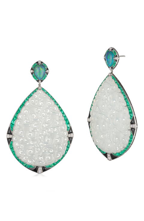 Signed Fred Leighton Carved Jade, Emerald & Diamond Drop Earrings
