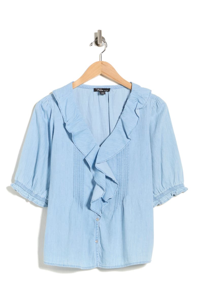 Ruffle Puff Sleeve Denim Button-Up Top, Alternate, color, LIGHT WASH