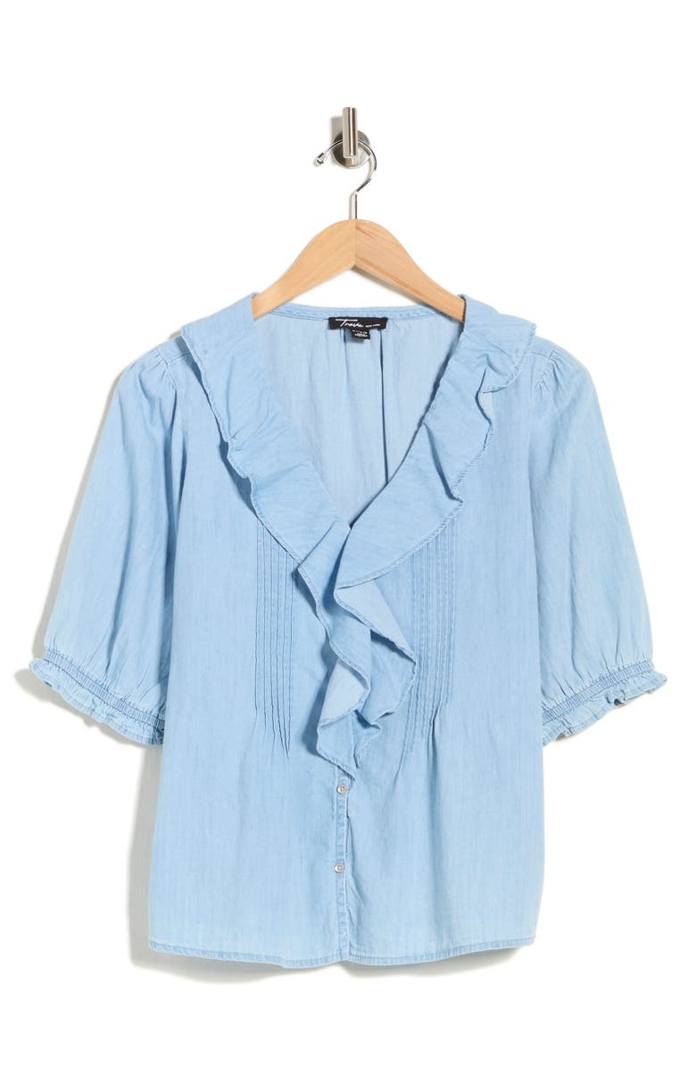 Trove New York Ruffle Puff Sleeve Denim Button-Up Top, Alternate, color, Light Wash
