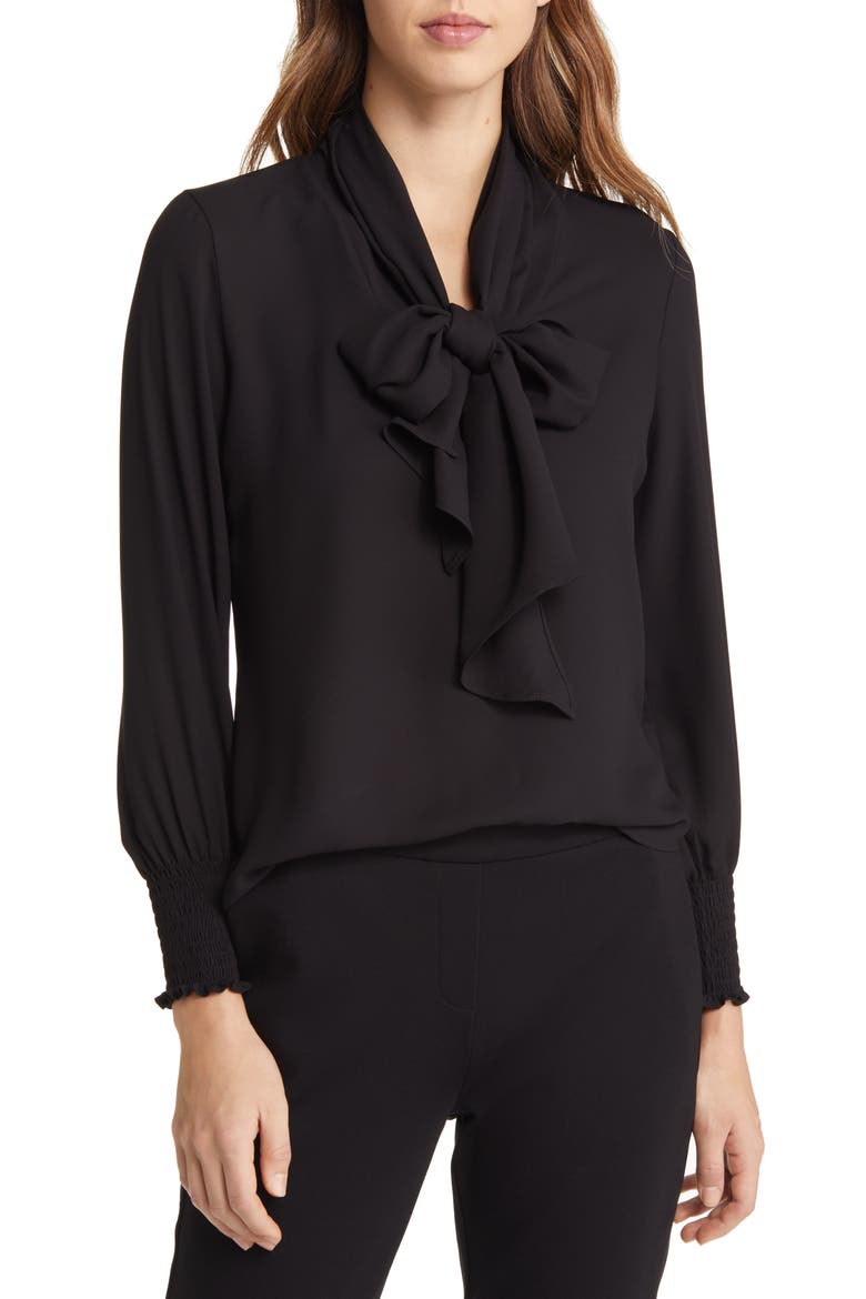 Crêpe de Chine Tie Neck Blouse, Main, color, ANNE BLACK