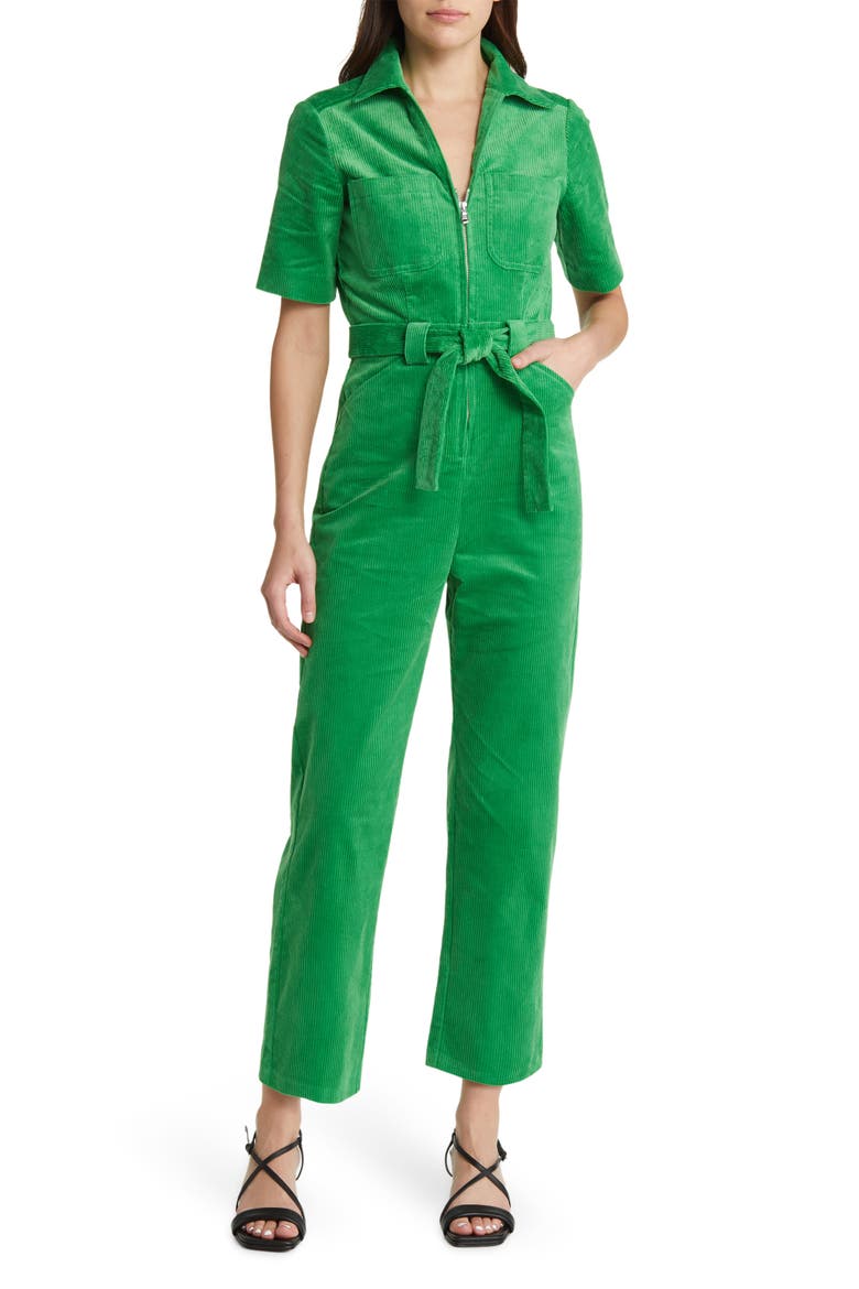 Belted Short Sleeve Corduroy Jumpsuit, Main, color, GREEN