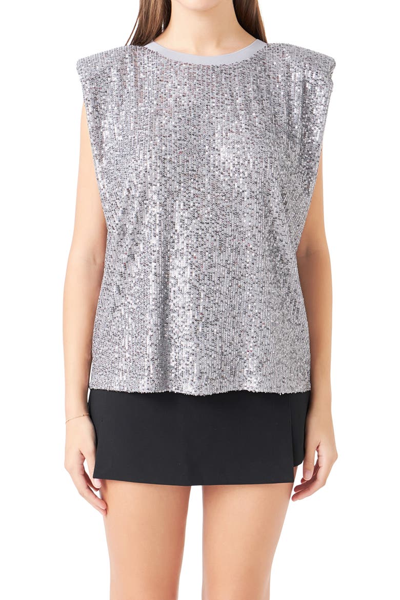 Sequin Shoulder Pad Top, Alternate, color, SILVER