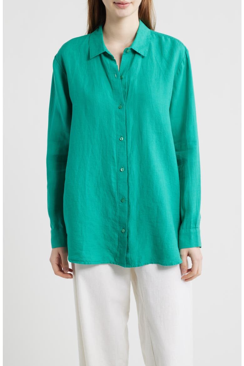 Classic Collar Organic Linen Long Button-Up Shirt, Main, color, SEA STAR
