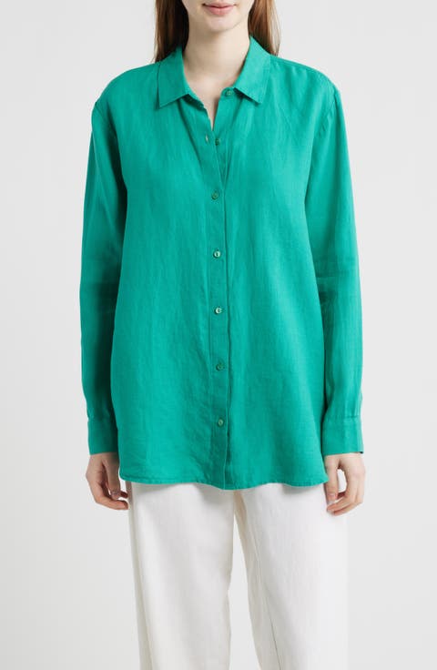 Classic Collar Organic Linen Long Button-Up Shirt (Regular & Petite)