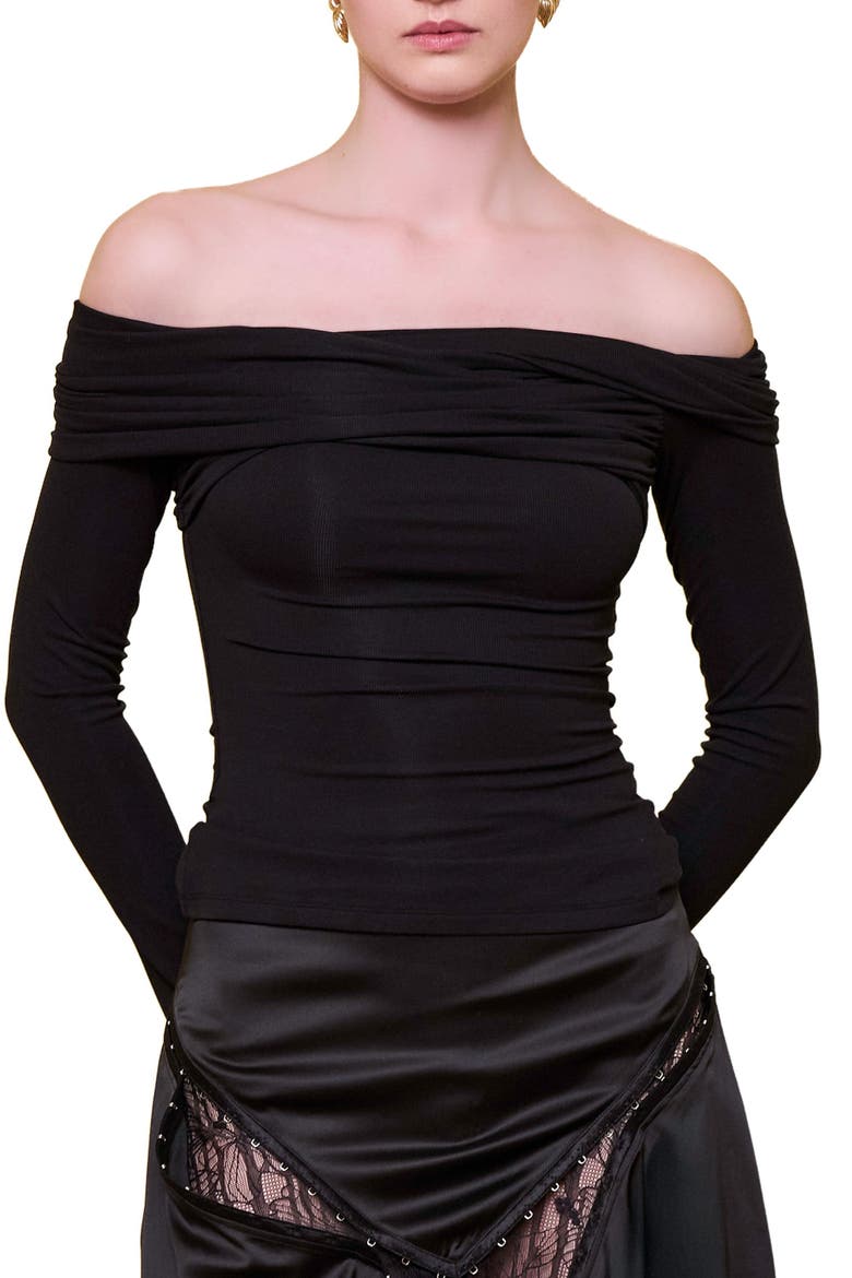 The Party Edit Rib Draped Long Sleeve Top, Alternate, color, BLACK