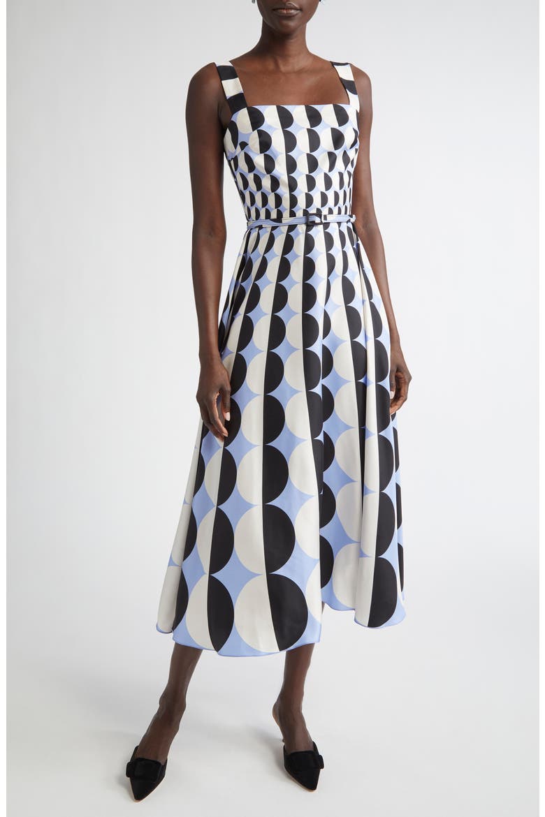Geo Print Silk Twill Belted Midi Dress, Main, color, BLACK/ BLUE