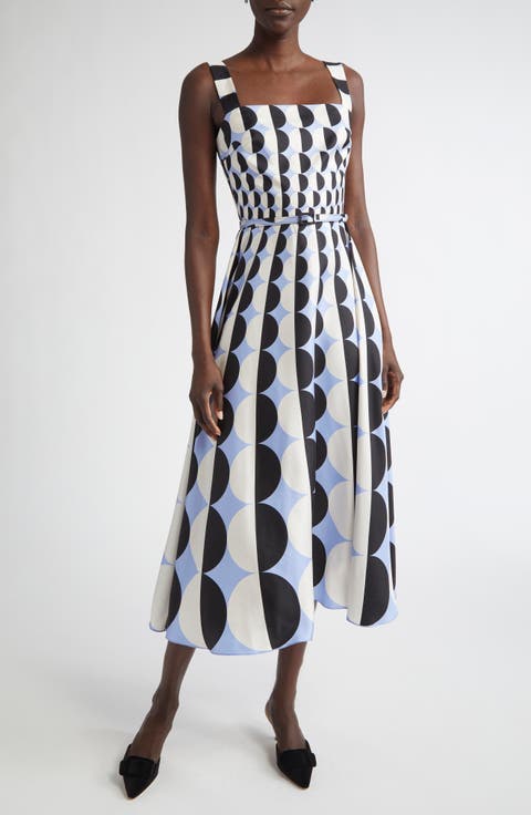 Geo Print Silk Twill Belted Midi Dress