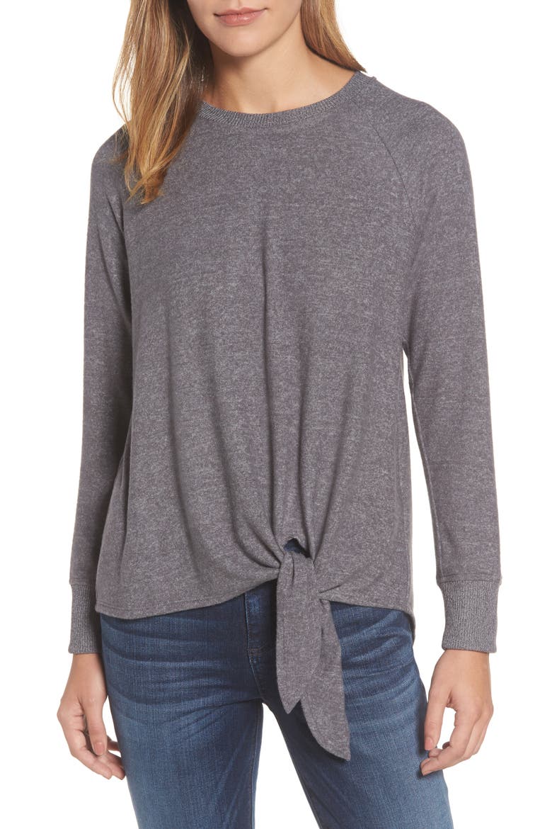Gibson Tie Front Cozy Fleece Pullover, Main, color, CHARCOAL