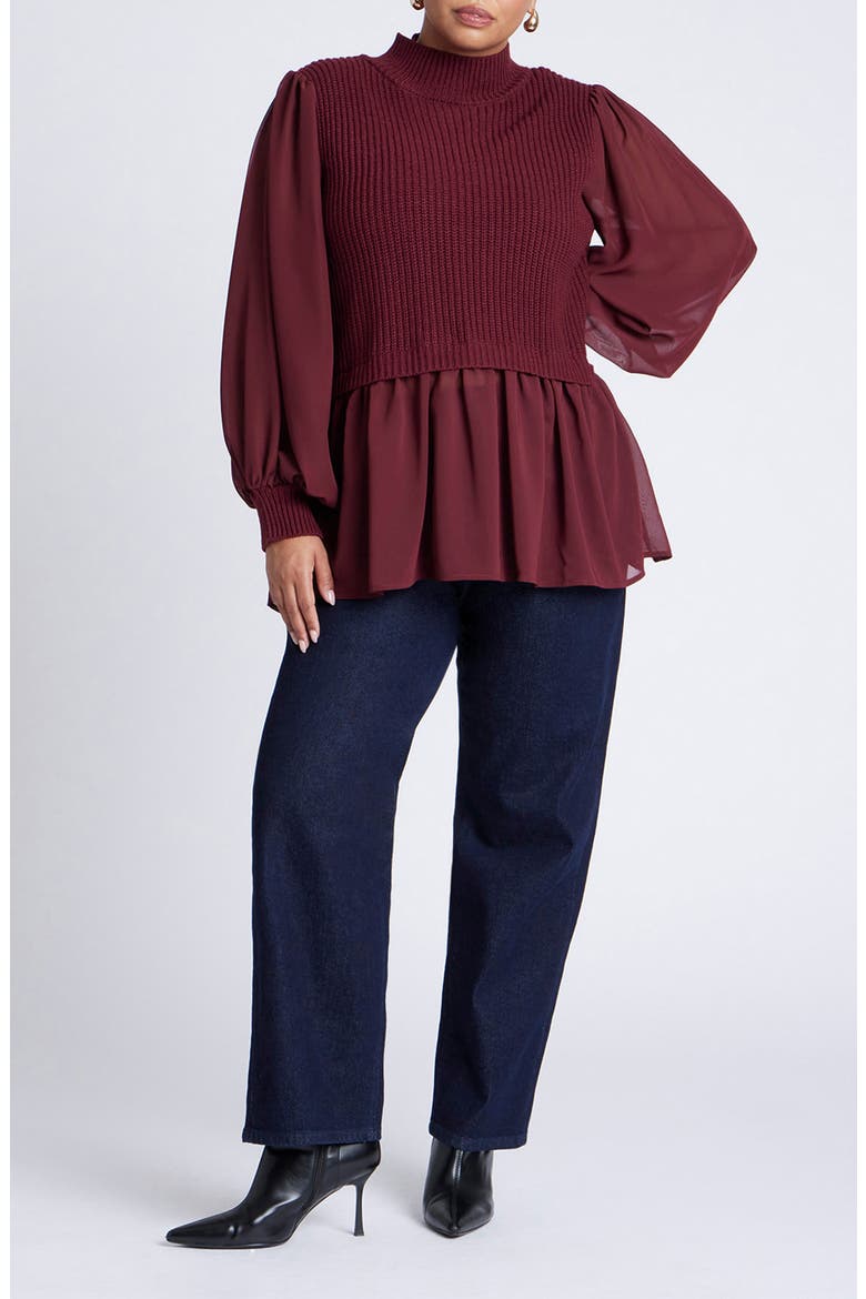 Twofer Sweater With Chiffon, Alternate, color, BORDEAUX