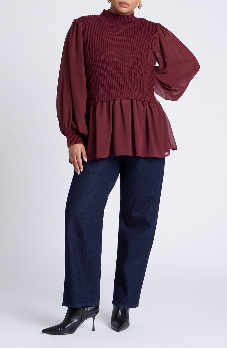 ELOQUII Mixed Media Mock Neck Tunic Sweater, Alternate, color, 