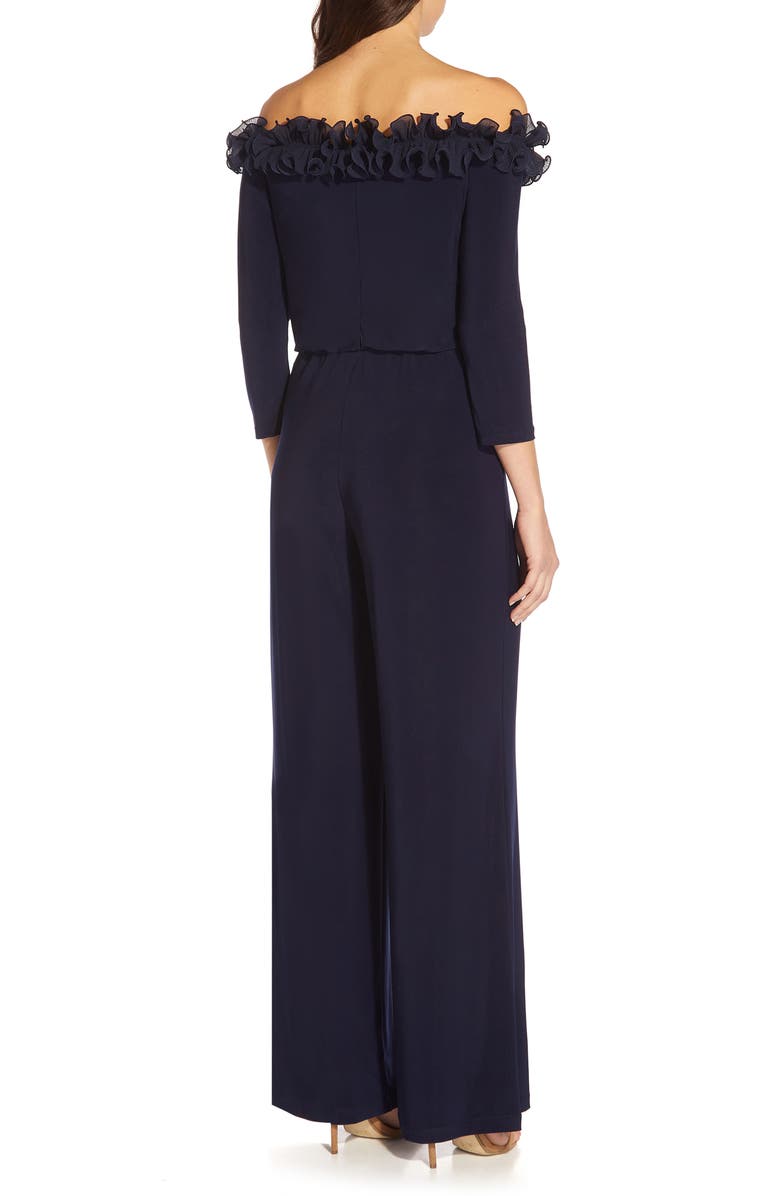 Adrianna Papell Ruffle Off the Shoulder Blouson Bodice Jumpsuit, Alternate, color, Navy