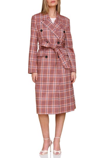 Avec Les Filles Plaid Belted Double Breasted Trench Coat In Lavender Plaid