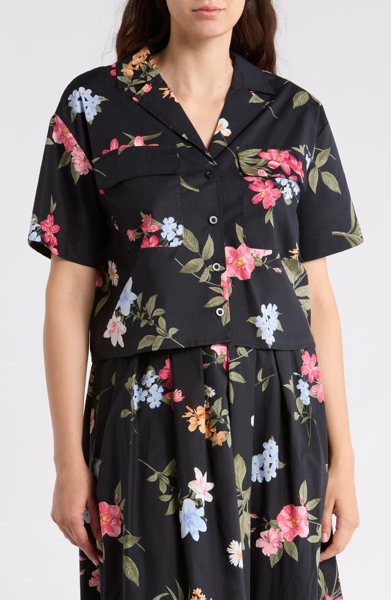 Ellen Tracy Cotton Poplin Camp Shirt, Main, color, Black Garden Floral