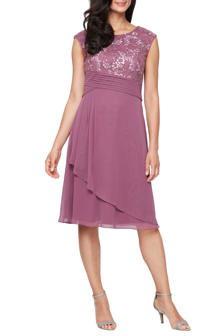Embroidered Empire Waist Cocktail Dress, Main, color, DARK MAUVE