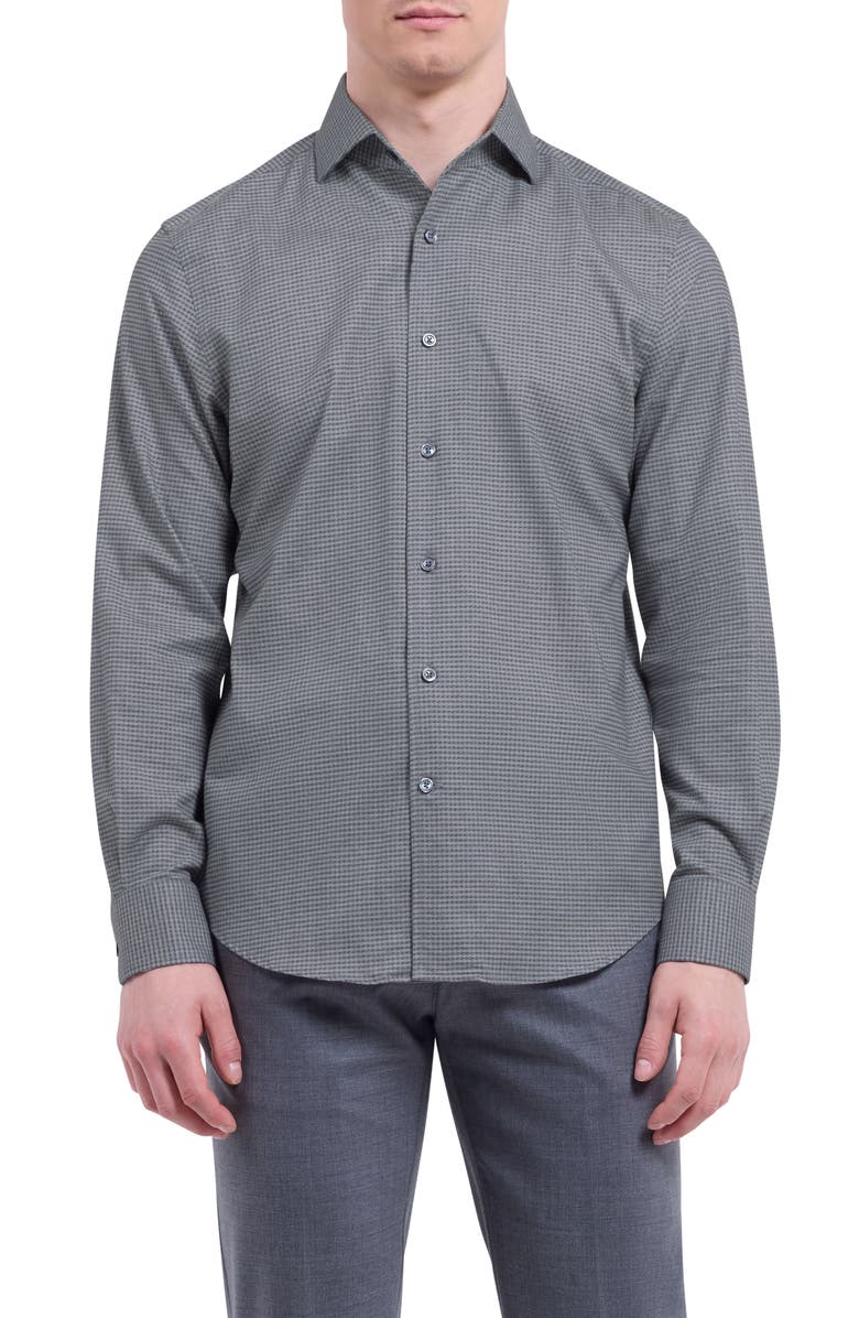 Bugatchi Alvin Trim Fit Micro Houndstooth Brushed Cotton Button-Up Shirt, Main, color, Cement