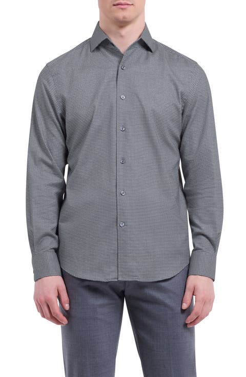 Alvin Trim Fit Micro Houndstooth Brushed Cotton Button-Up Shirt