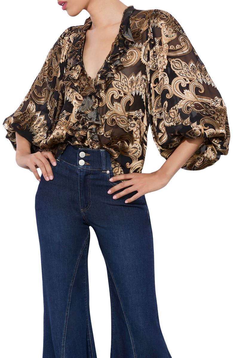 Alice + Olivia Betsie Print Ruffle Top, Alternate, color, Spring Paisley Black