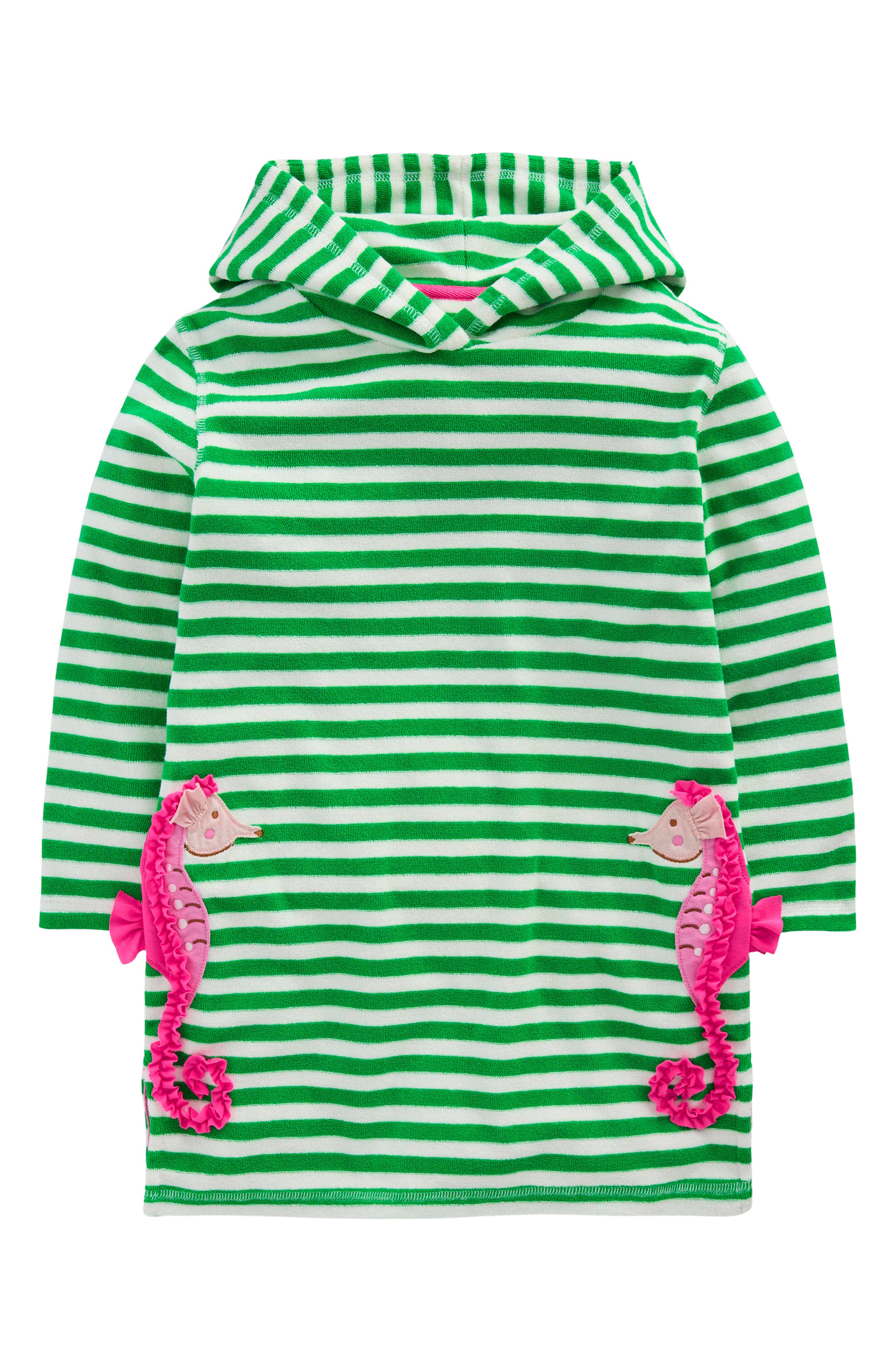 Mini Boden Kids' Mara Stripe Seahorse Appliqué Terry Cloth Cover-Up Hoodie