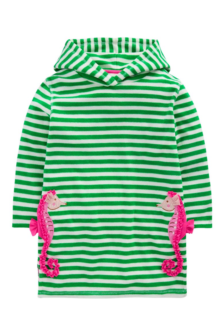 Kids' Mara Stripe Seahorse Appliqué Terry Cloth Cover-Up Hoodie, Main, color, GREEN SEAHORSE STRIPE