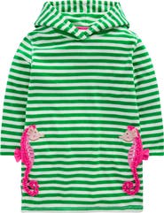 Mini Boden Kids' Mara Stripe Seahorse Appliqué Terry Cloth Cover-Up Hoodie