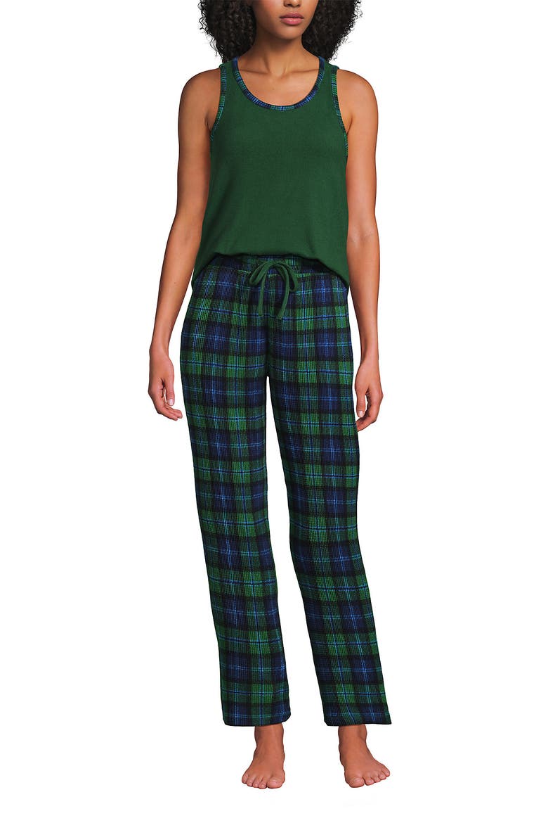 Brushed Cozy Waffle Jersey 3 Piece Pajama Set - Tank Top Pant and Robe, Alternate, color, Light Emerald Blackwatch