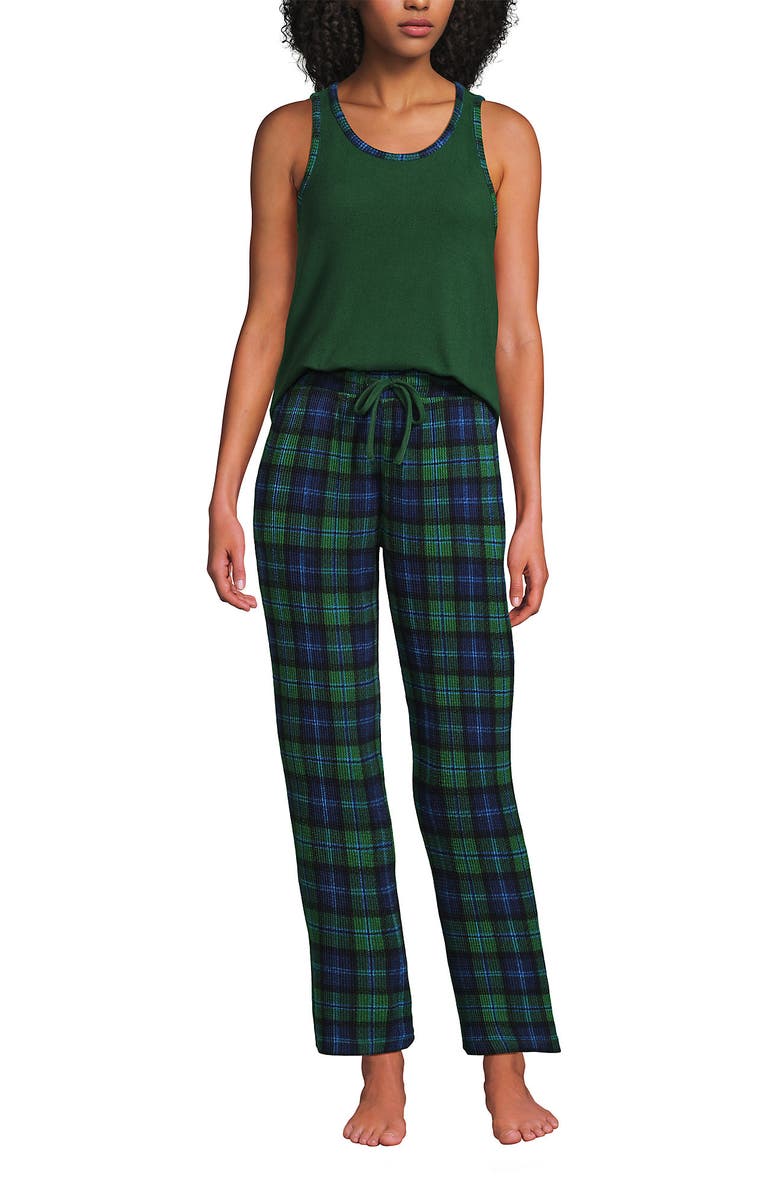 Lands' End Brushed Cozy Waffle Jersey 3 Piece Pajama Set - Tank Top Pant and Robe, Alternate, color, Light Emerald Blackwatch