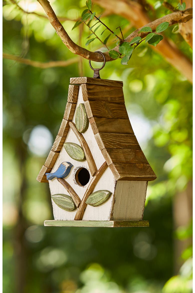 9.5"H Distressed Solid Wood Birdhouse with 3D Leaves, Alternate, color, White