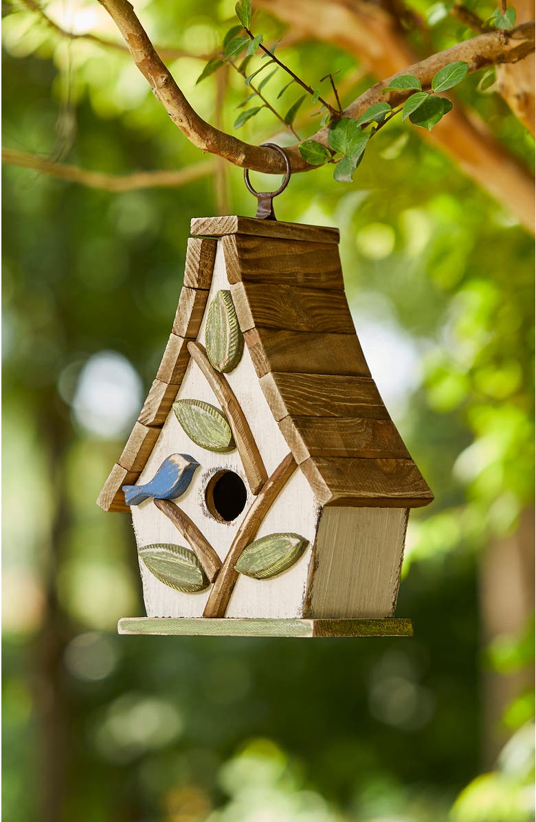 Glitzhome 9.5"H Distressed Solid Wood Birdhouse with 3D Leaves, Alternate, color, White