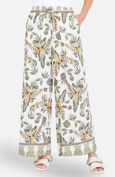 Bird Print Viscose Wide Leg Trousers