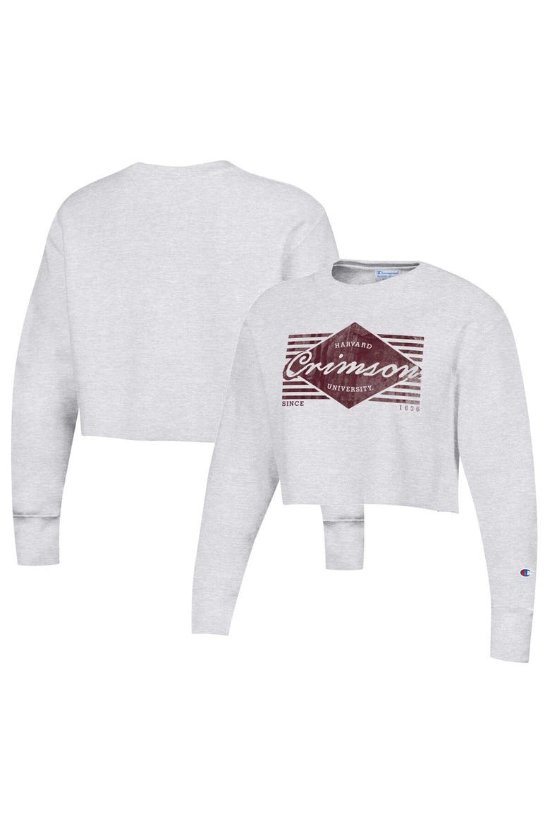 Women's Champion Heather Gray Harvard Crimson Reverse Weave Cropped Pullover Sweatshirt, Main, color, Heather Gray