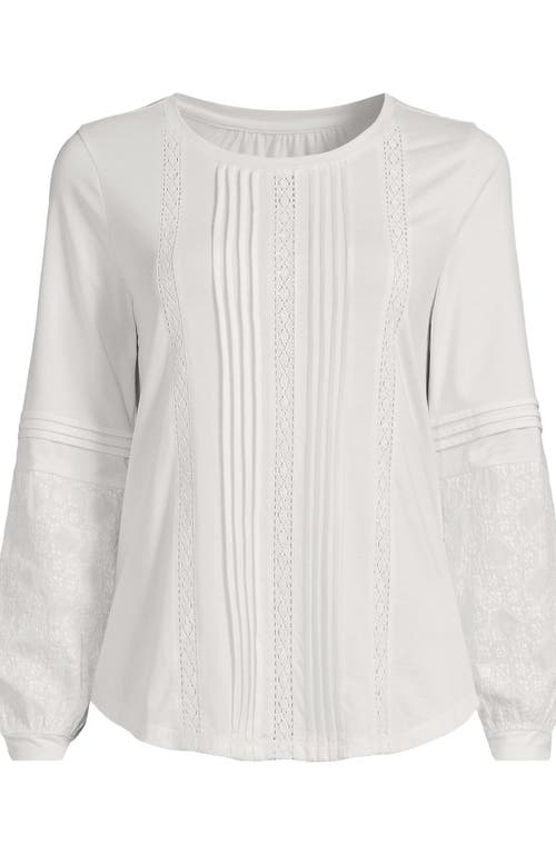 Lands' End Plus Size Lightweight Jersey Lace Mix Long Sleeve Pintuck Top In White