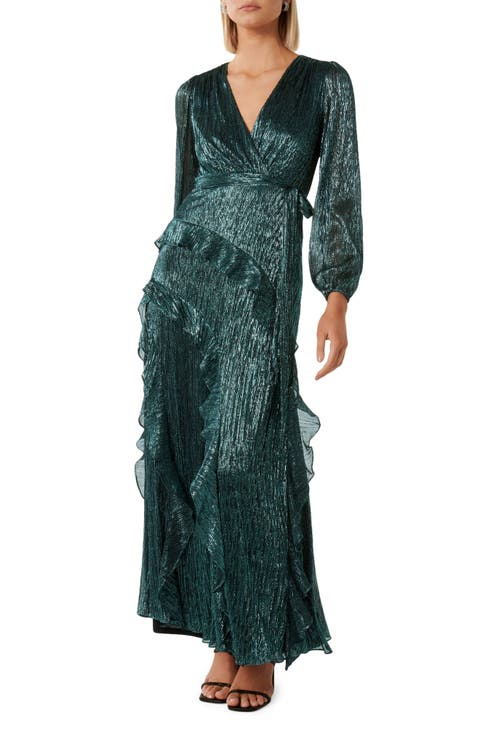 Metallic Plissé Ruffle Long Sleeve Maxi Dress