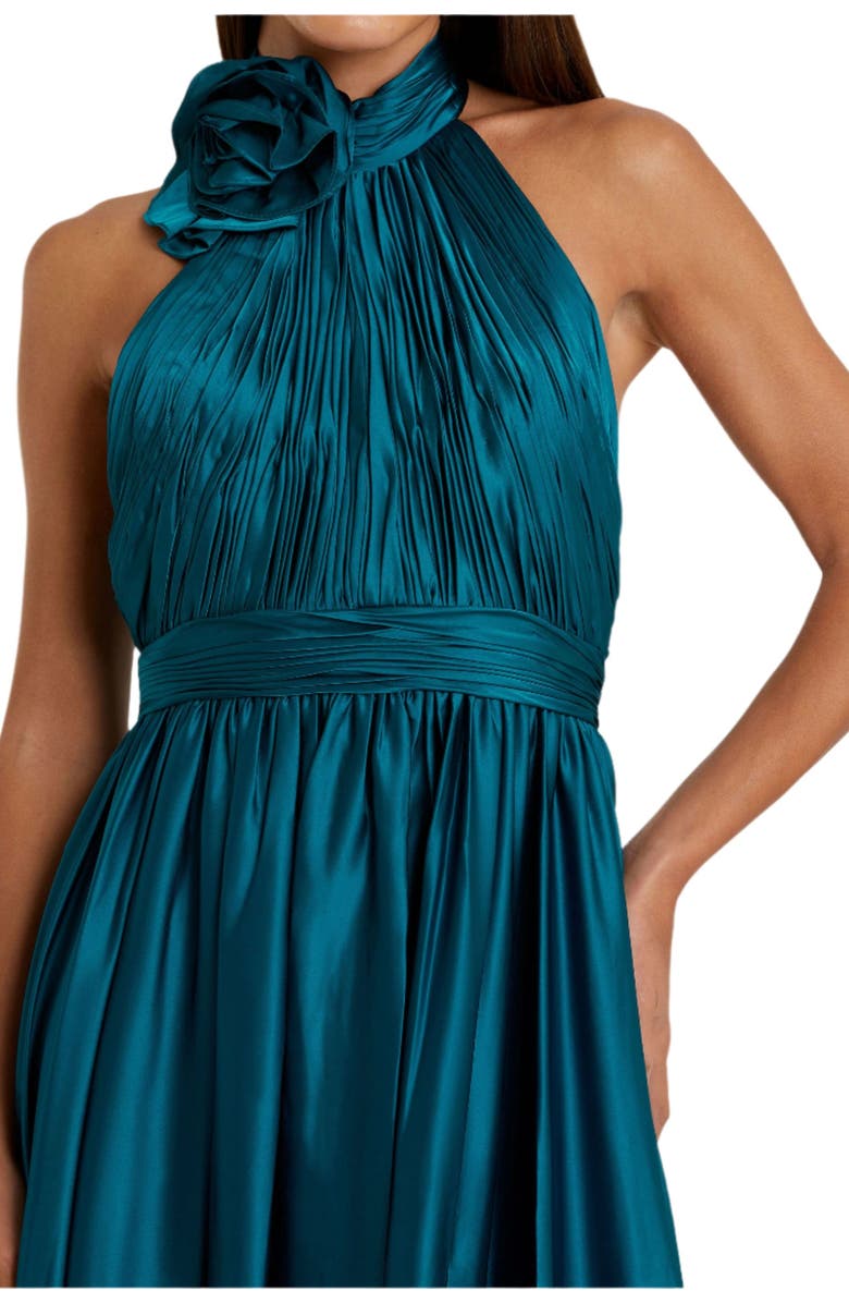Mac Duggal Pleated Charmeuse High Neck Sleeveless Midi Dress, Alternate, color, Ocean