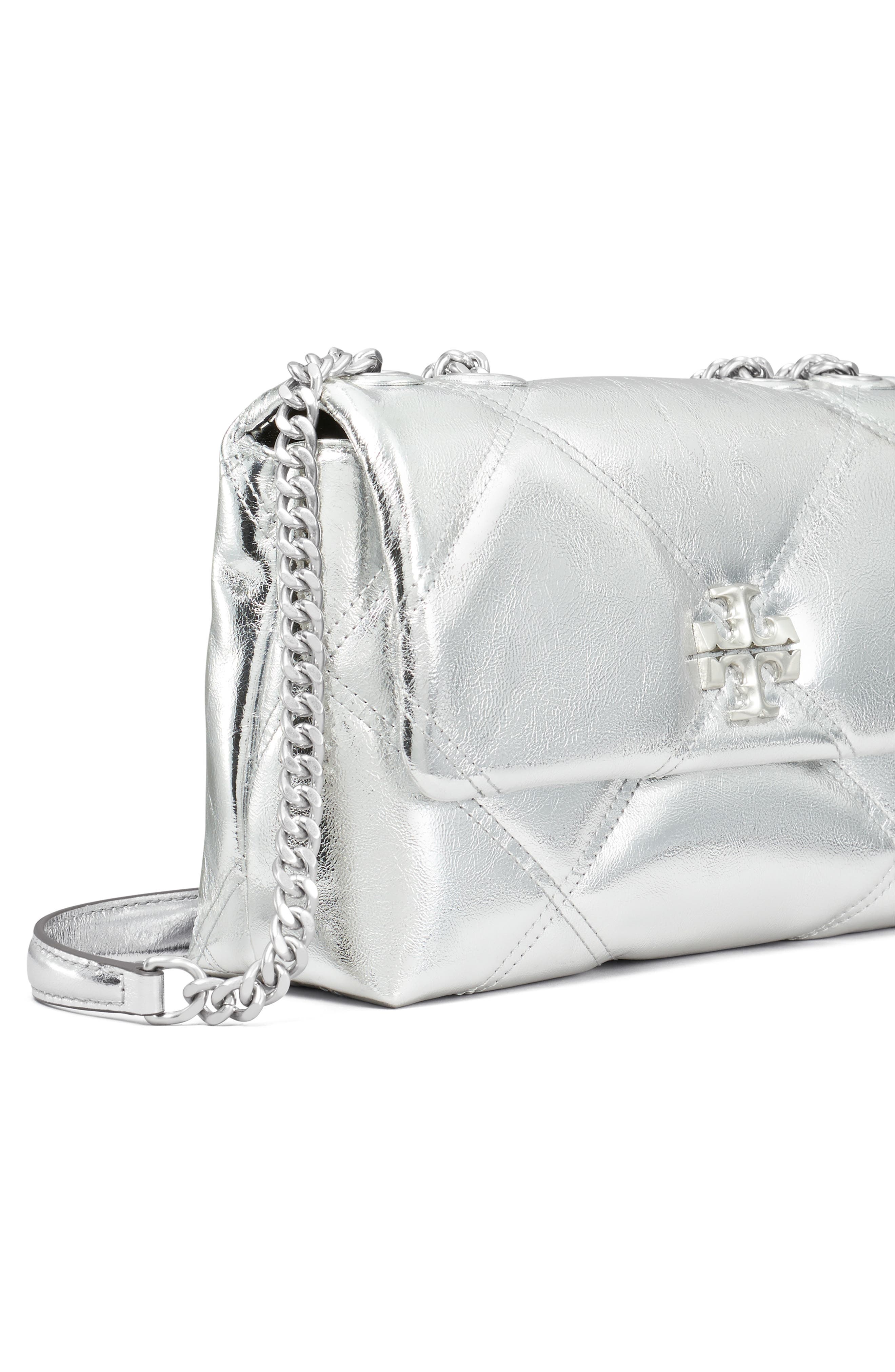 Tory Burch Small Kira Quilted Metallic Leather Shoulder Bag, Alternate, color, Silver