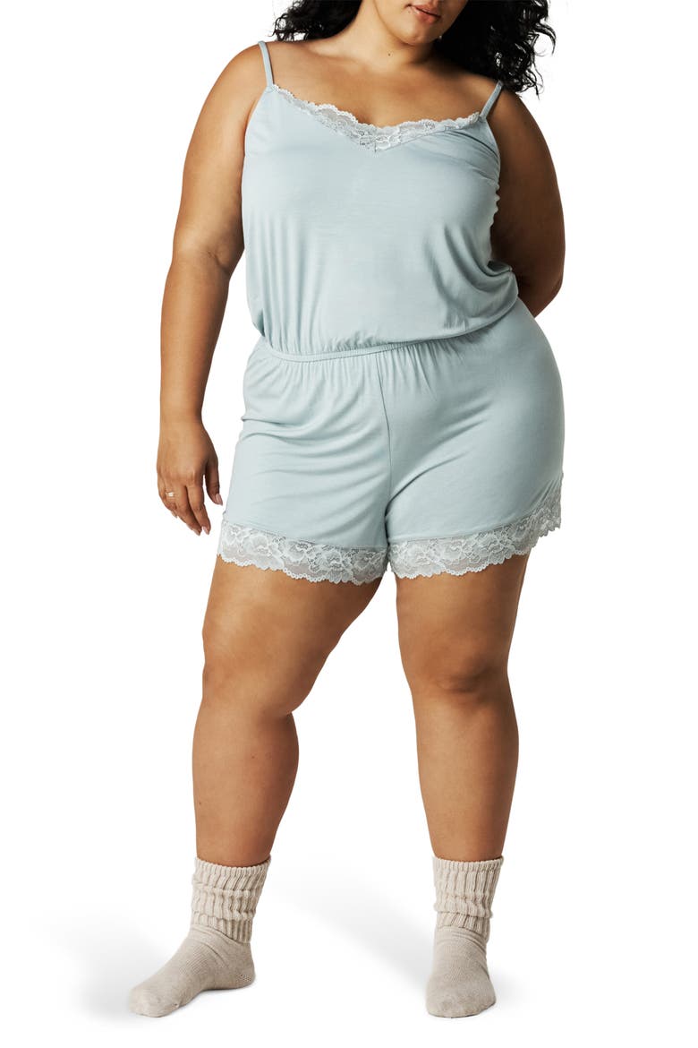 Lace Trim Pajama Romper, Main, color, SHADOW GREEN