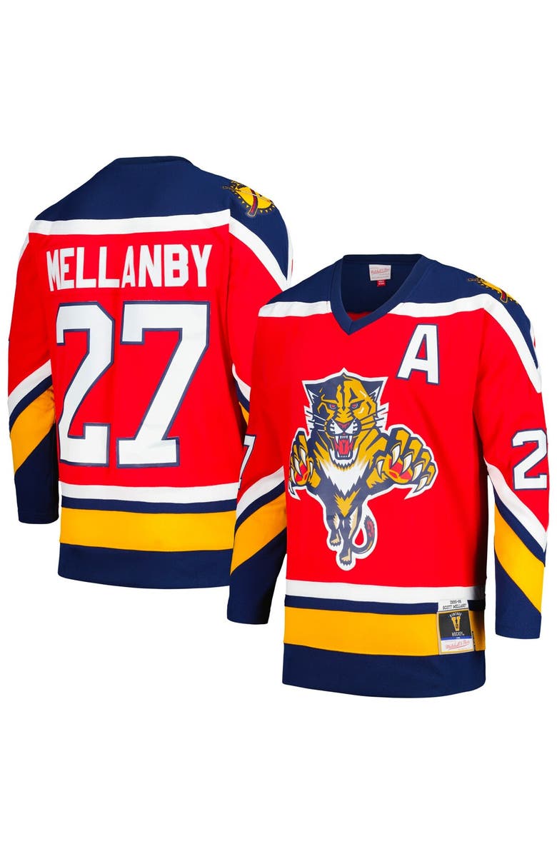 Mitchell 
Ness Men
s Mitchell 
Ness Scott Mellanby Red Florida Panthers Alternate Captain
s Patch 1995/96 Blue Line Player Jersey, Main, color, Red