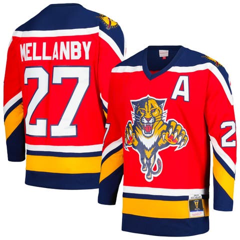 Men
s Mitchell 
Ness Scott Mellanby Red Florida Panthers Alternate Captain
s Patch 1995/96 Blue Line Player Jersey