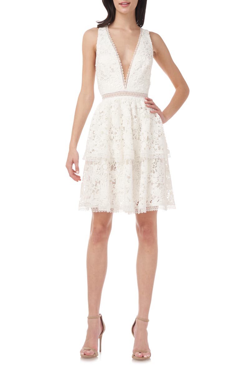 Plunge Neck Lace Cocktail Dress, Main, color, WHITE