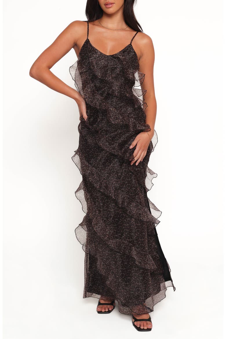 Ciao Leopard Print Ruffle Chiffon Maxi Dress, Main, color, BLACK LEOPARD