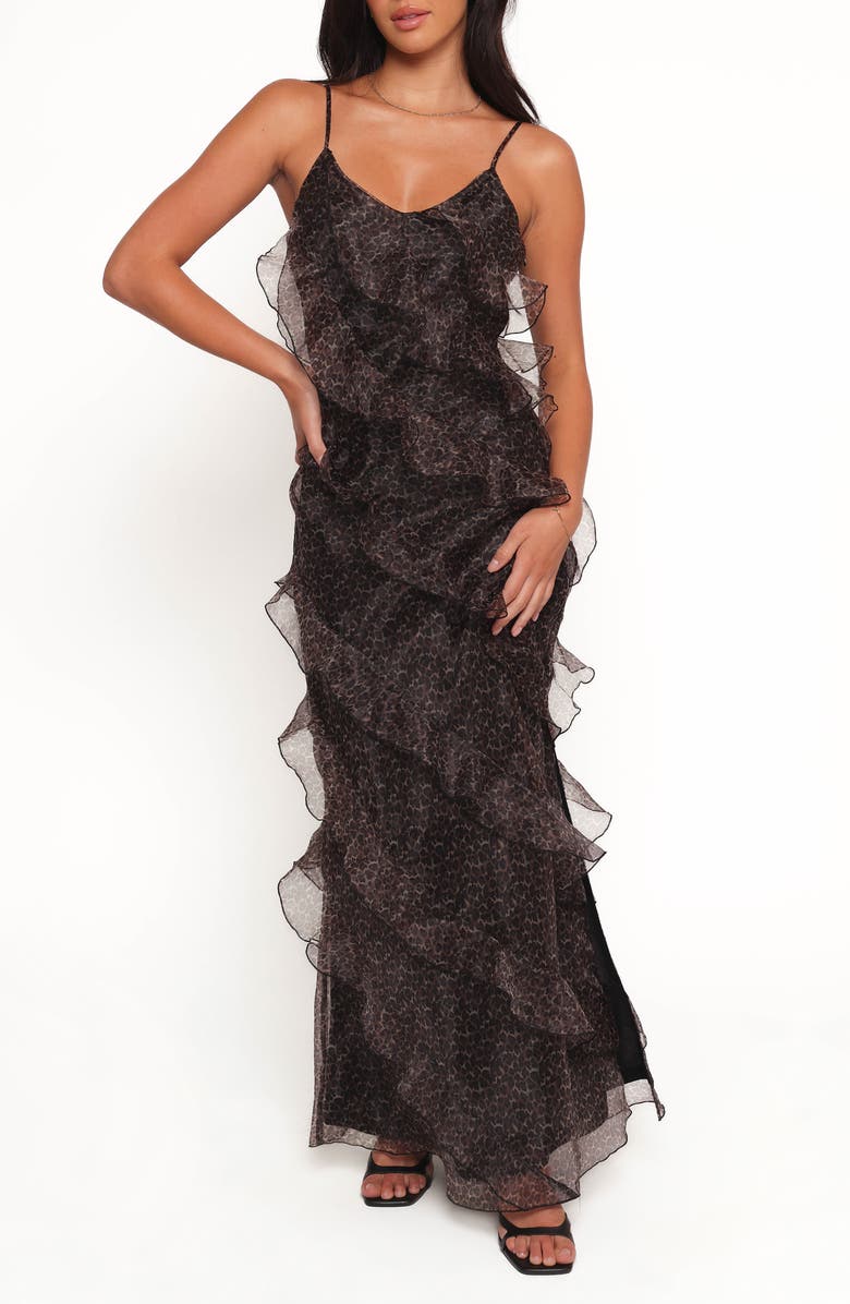 Petal & Pup Ciao Leopard Print Ruffle Chiffon Maxi Dress, Main, color, Black Leopard