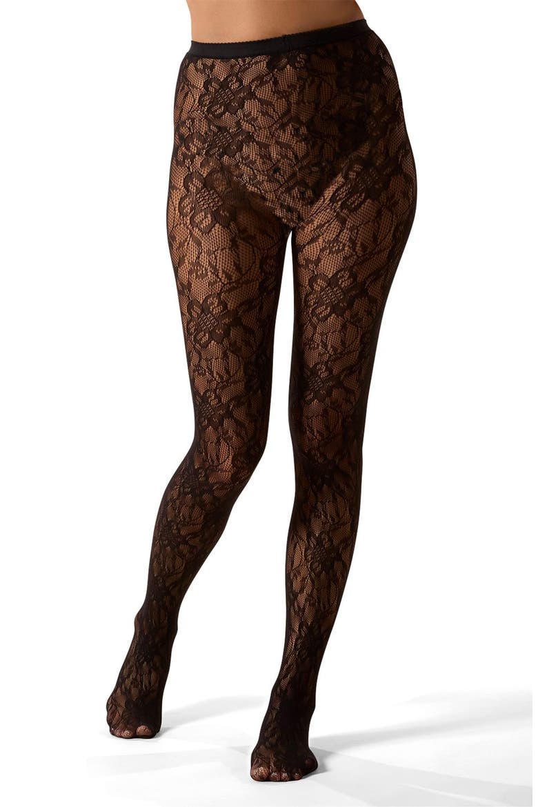 Blooming Floral Net Tights, Alternate, color, BLACK