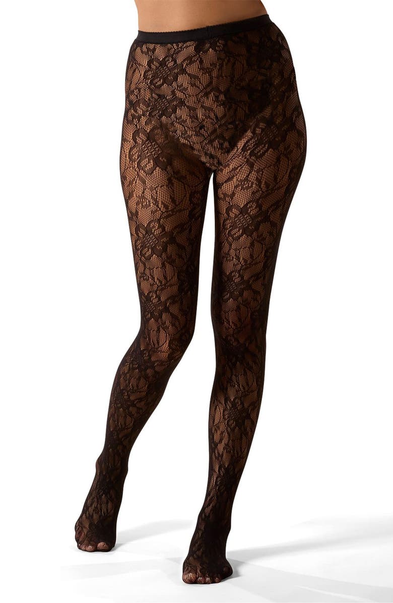 MeMoi Blooming Floral Net Tights, Alternate, color, Black